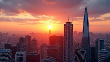 City skyline at dusk with overlayed economic growth icons
