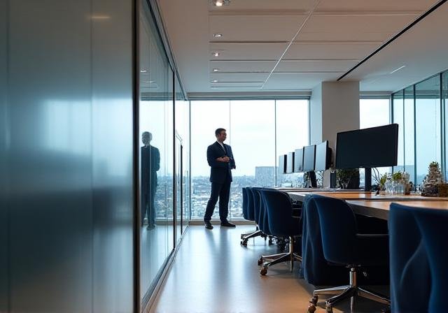 Sophisticated office environment with financial monitors